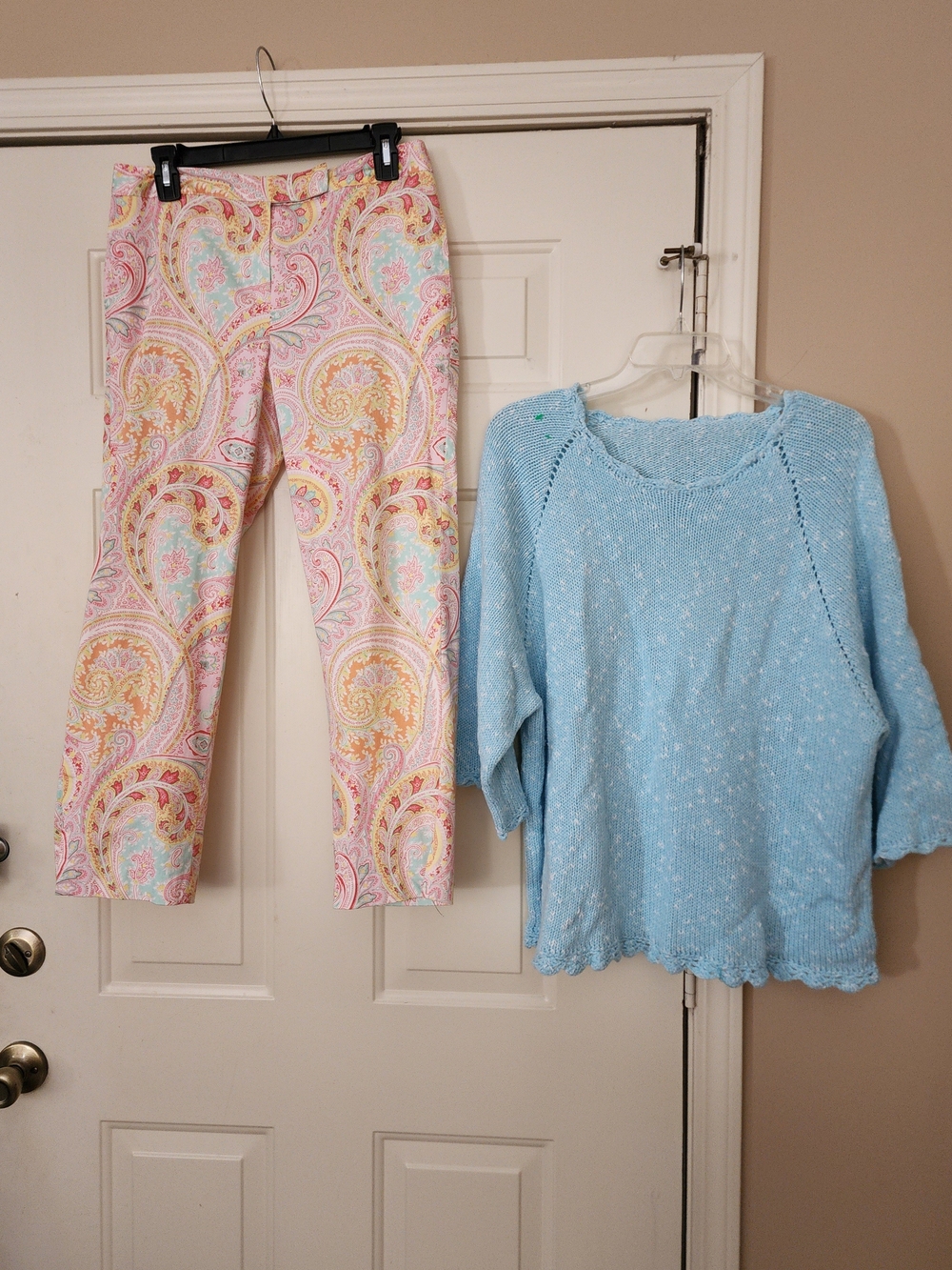 Bush Wackers Pastel Paisley Stretch Pants Sz 8 & Blue Cotton Sweater Medium